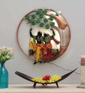 Designer Radha Krishna Round LED Wall Hanging, Divine Decorative