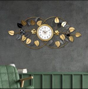 Large Floral Metal Wall Clock with Gold & Grey Leaf Design